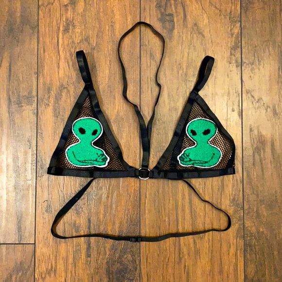 Handmade Other - Fishnet Green Alien Patch Triangle Rave Top